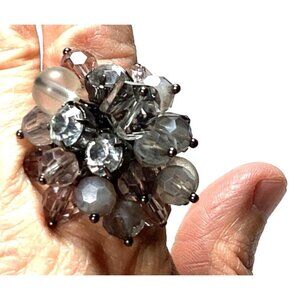Silver Tone Cha Cha Ring with Lucite Bead and Rhinestone Cluster